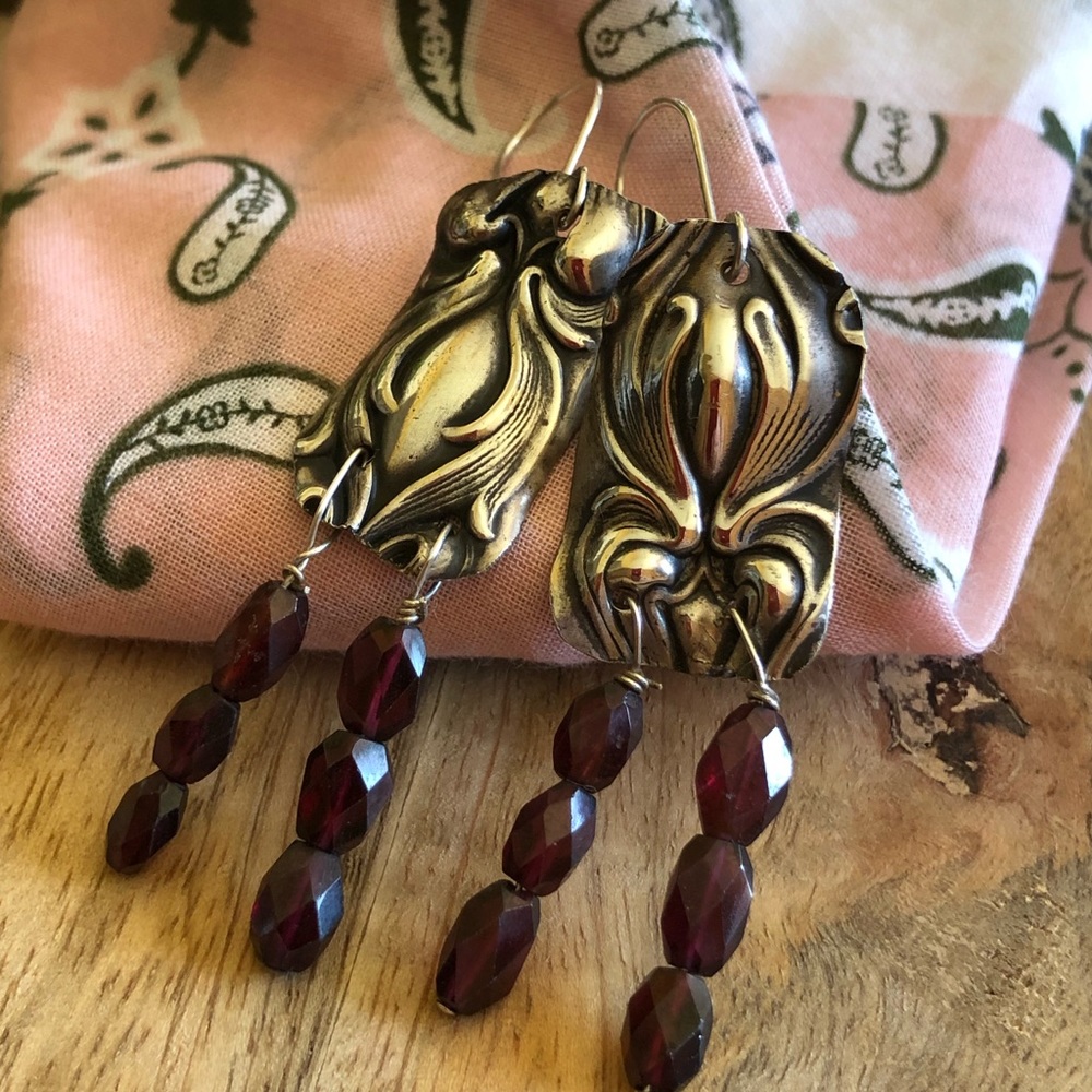 Sterling Silver Garnet Art Noureau Boho Earring 💋 - Picture 5 of 10